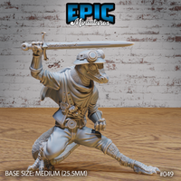 Lizardfolk warrior in a deep wide-legged lunge, sword raised high overhead for a downward strike, wearing a layered coat, chainmail, and a wide-brimmed hat with goggles. Sculpt by Epic Miniatures.