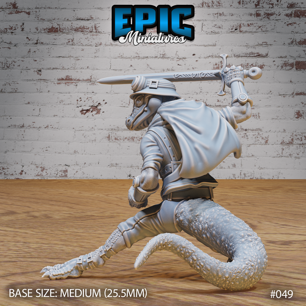 Lizardfolk warrior viewed from behind and to the side, showing a heavy textured tail sweeping along the ground, a billowing travel cloak, and a rune-etched longsword raised overhead. Sculpt by Epic Miniatures.