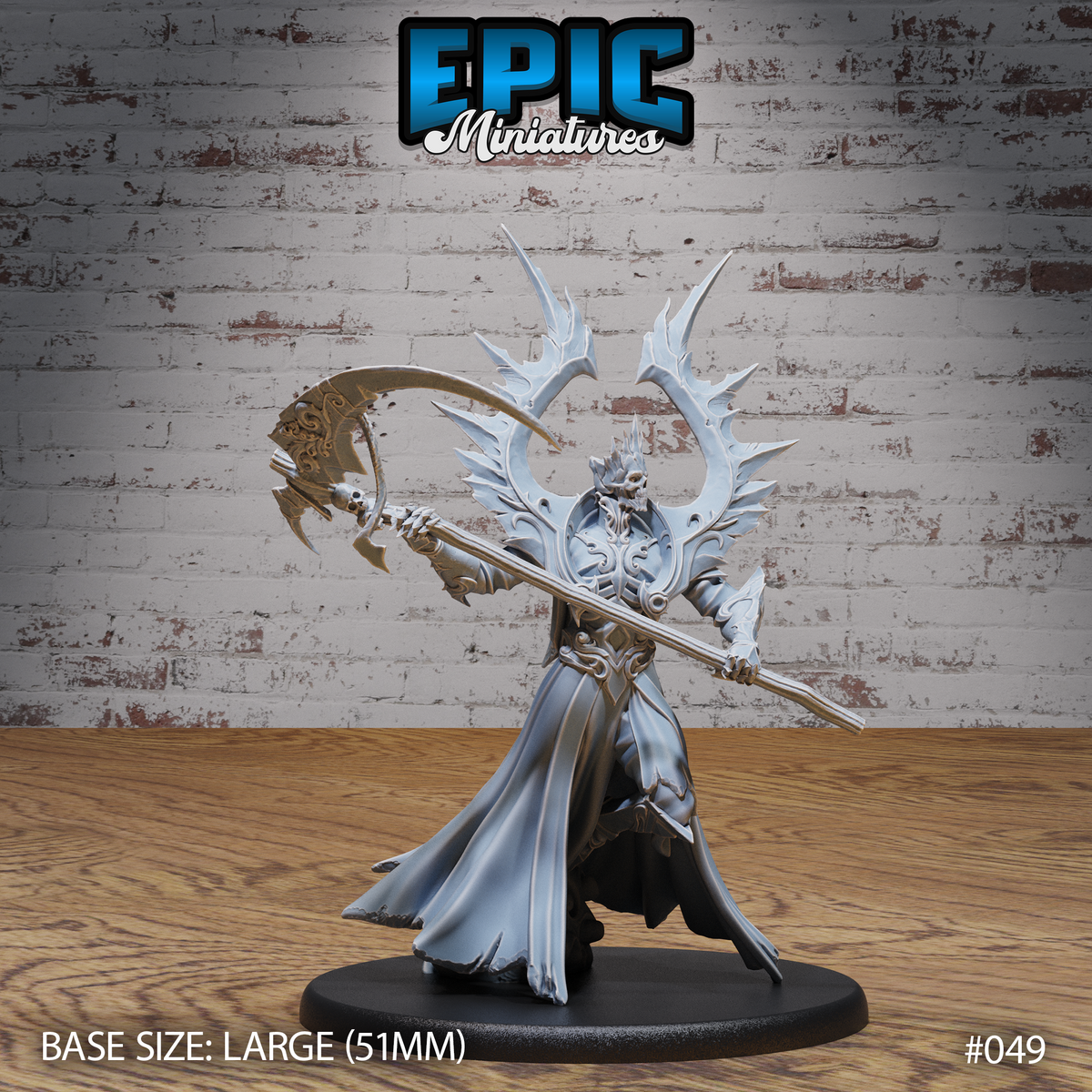 Death Avatar miniature by Epic Miniatures, sweeping a large ornate scythe outward, wearing spiked plate armour with a jagged crown of bone spurs, long robes pooling at the base.
