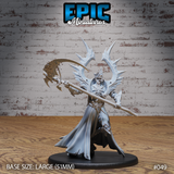Death Avatar miniature by Epic Miniatures, sweeping a large ornate scythe outward, wearing spiked plate armour with a jagged crown of bone spurs, long robes pooling at the base.