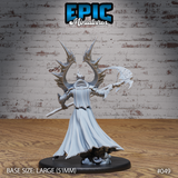 Death Avatar miniature by Epic Miniatures seen from behind, the crown of jagged antler-like bone spurs dominant, flowing robes with ghostly wisps at the base, scythe raised to one side.