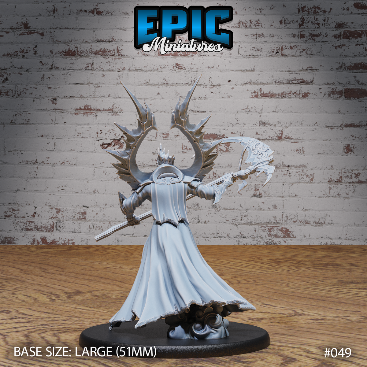 Death Avatar miniature by Epic Miniatures seen from behind, the crown of jagged antler-like bone spurs dominant, flowing robes with ghostly wisps at the base, scythe raised to one side.