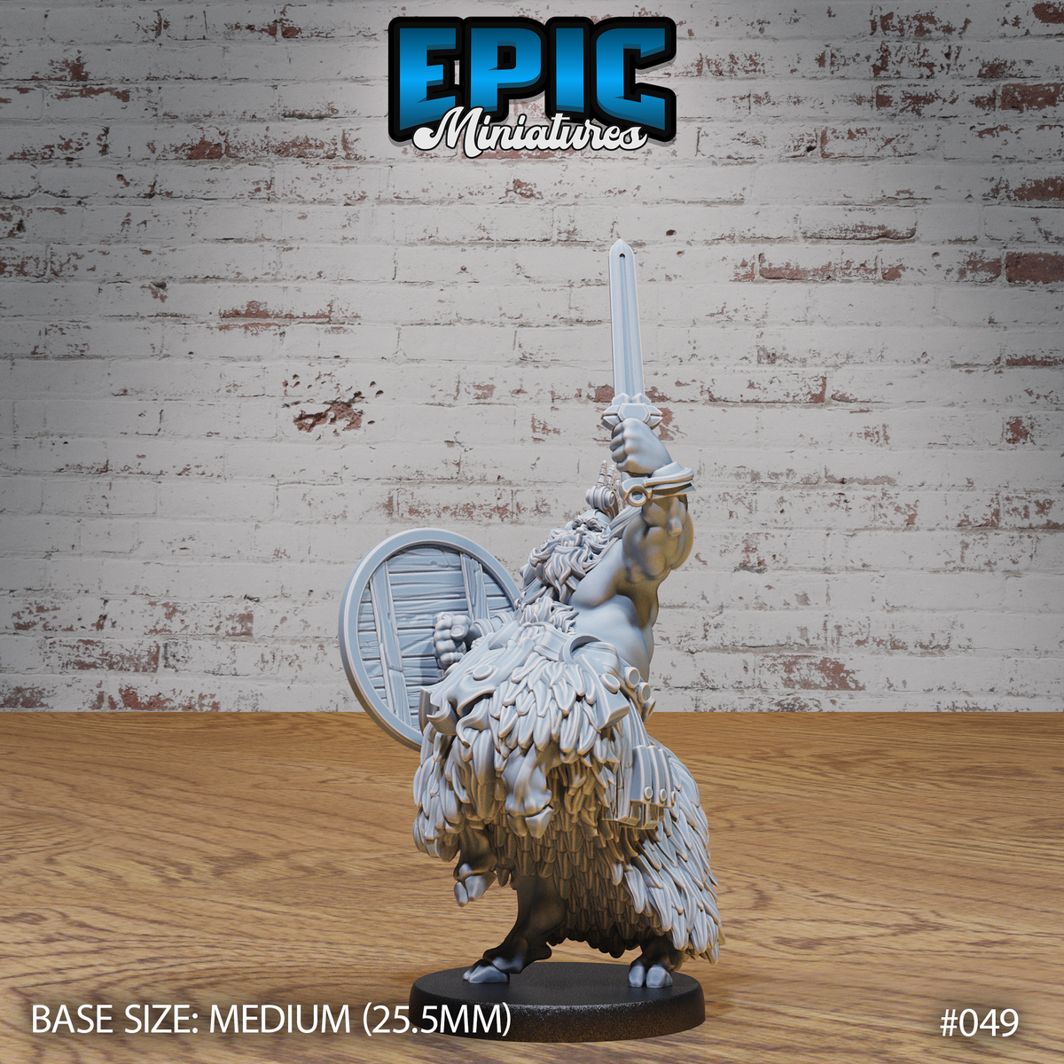 Stocky dwarven goat centaur raising a longsword overhead with one arm and holding a round knotwork shield behind him, thick shaggy goat-body fur below, ornate pauldrons above. Sculpt by Epic Miniatures.