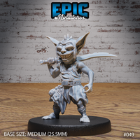 Goblin raider miniature grinning with large fanged mouth and one horn, raising a curved blade over its shoulder, mid-stride pose with knee lifted. Sculpt by Epic Miniatures.