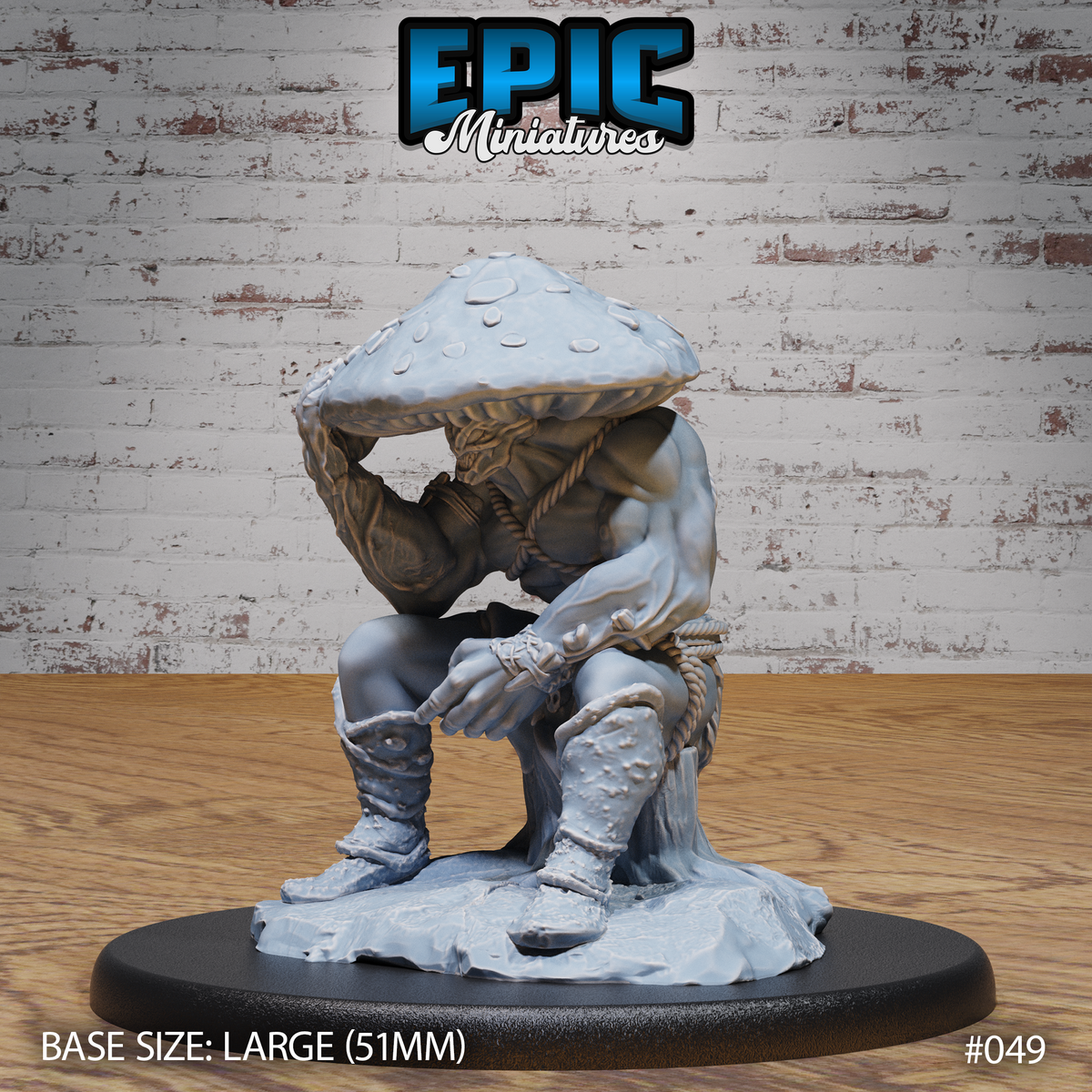 Mushroom folk barbarian crouching with a rope-bound blade in hand, broad spotted cap head, muscular body with rope bindings, hide boots on a rocky base. Sculpt by Epic Miniatures.