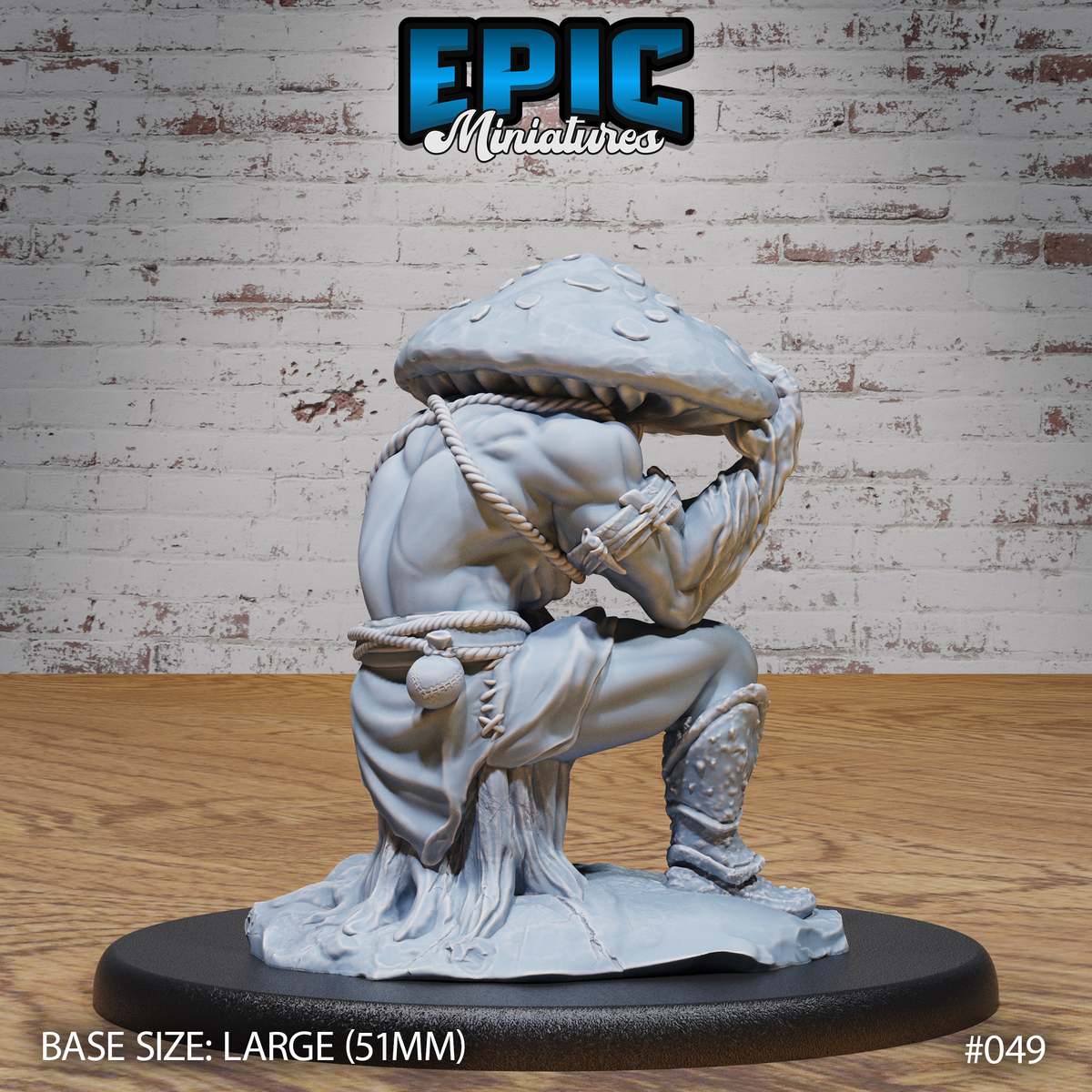 Mushroom folk barbarian seen from behind, crouching low with rope work across the back, wide spotted cap, draping cloth loincloth and studded hide boots on a rocky base. Sculpt by Epic Miniatures.