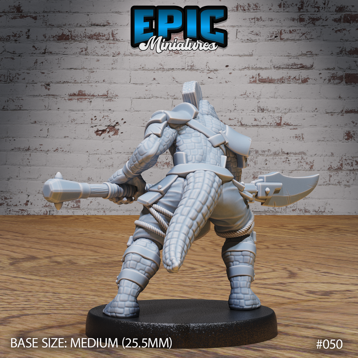 Alligator folk warrior seen from behind, showing thick scaly tail, segmented back armour, and rope-bound poleaxe gripped in both clawed hands, greaves and belt pouches visible. Sculpt by Epic Miniatures.