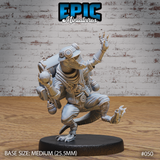 Lizardfolk miniature in a dynamic mid-stride pose, one clawed hand raised and the other gripping a sphere, wearing tactical gear with goggles and a large riveted pressurised backpack. Sculpt by Epic Miniatures.
