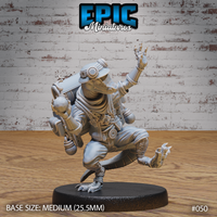 Lizardfolk miniature in a dynamic mid-stride pose, one clawed hand raised and the other gripping a sphere, wearing tactical gear with goggles and a large riveted pressurised backpack. Sculpt by Epic Miniatures.