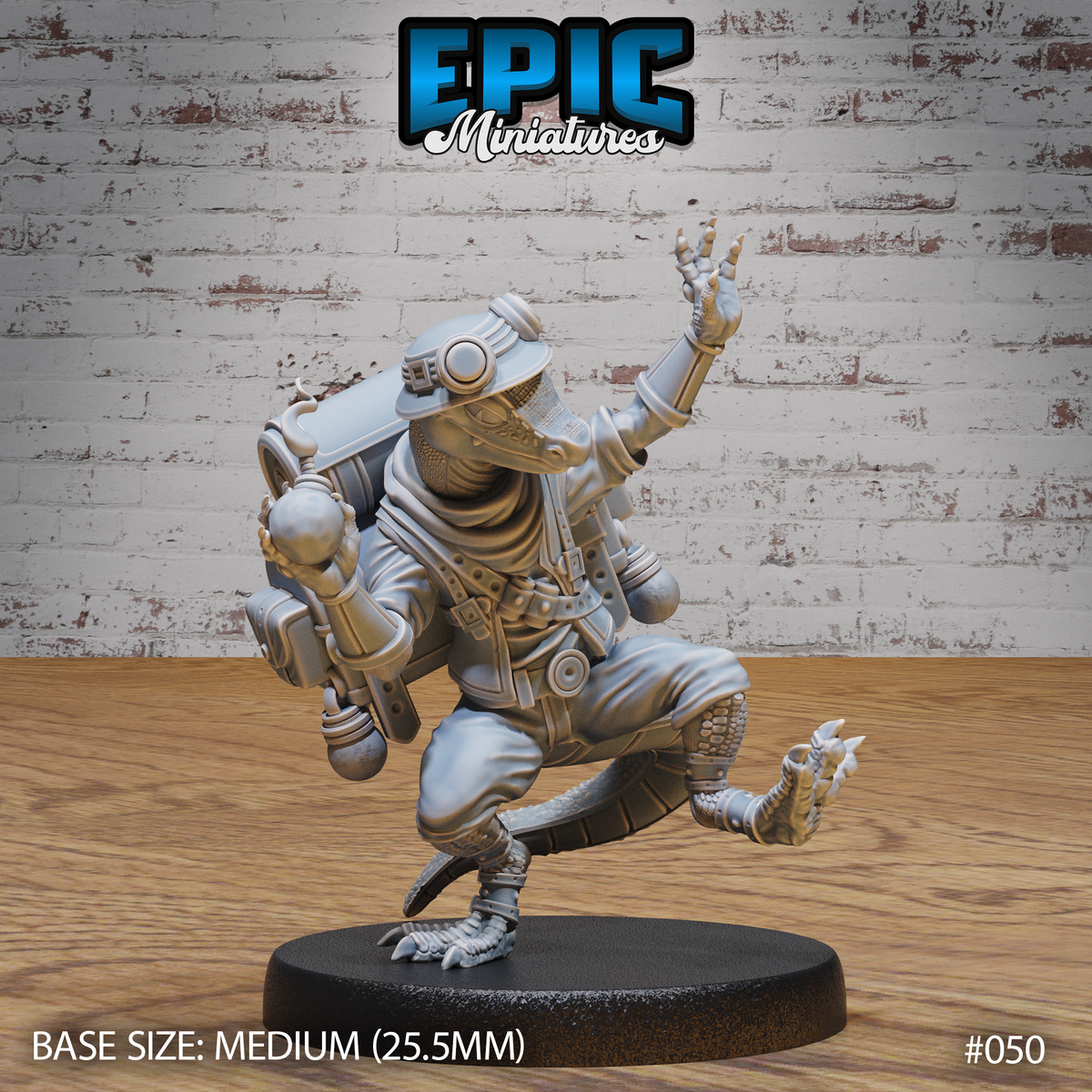 Lizardfolk miniature in a dynamic mid-stride pose, one clawed hand raised and the other gripping a sphere, wearing tactical gear with goggles and a large riveted pressurised backpack. Sculpt by Epic Miniatures.