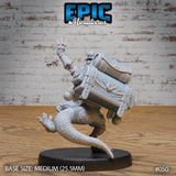 Rear view of a lizardfolk miniature showing a massive cylindrical canister backpack with reinforced straps, gauges, and riveted panels, with a long scaly tail extending behind. Sculpt by Epic Miniatures.