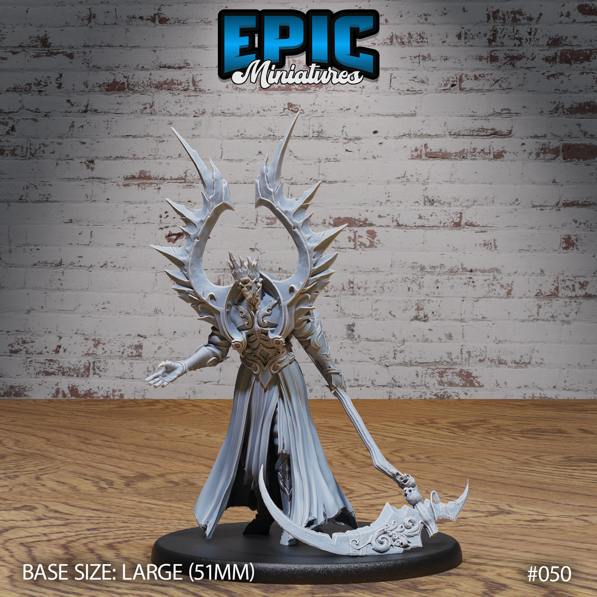 Tall robed figure with a vast branching antler crown, extending one open hand while dragging an ornate skull-tipped scythe along the ground. Heavy layered armour beneath flowing robes. Sculpt by Epic Miniatures.