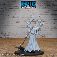 Robed figure with a jagged asymmetric antler crown viewed from behind, scythe blade and skull pommel visible at ground level, cloak cascading in deep folds to the base. Spiked pauldrons prominent. Sculpt by Epic Miniatures.