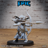 Snarling goblin archer miniature, bow drawn and arrow levelled forward, wearing a belted robe with a quiver at the hip, broad ears splayed and teeth bared. Sculpt by Epic Miniatures.