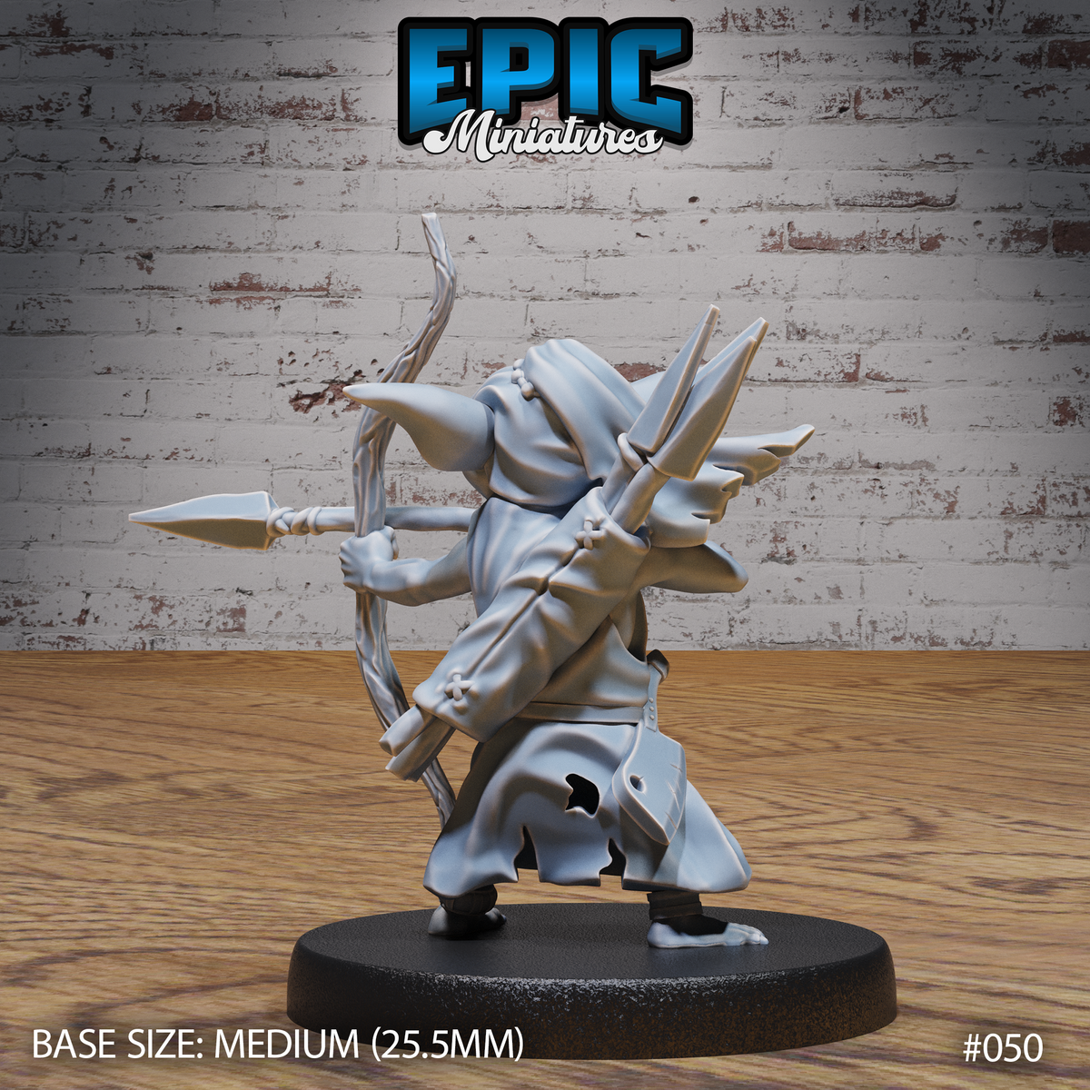 Goblin archer miniature seen from behind, hooded robe detailed with stitching and a bone accessory, quiver of arrows visible at the hip, gnarled bow raised and drawn. Sculpt by Epic Miniatures.