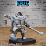 Stocky bearded dwarf miniature striding forward, holding a faceted geometric lantern aloft in one hand and trailing a ball-tipped twisted staff behind with the other. Heavy hooded travelling cloak, layered utility belt with pouches. Sculpt by Epic Miniatures.