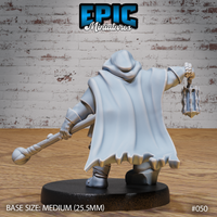 Bearded dwarf miniature seen from behind, hooded cloak billowing with ragged hem, one arm raised holding a faceted lantern, opposite hand gripping a twisted staff low to the ground. Heavy layered cloth folds across the back. Sculpt by Epic Miniatures.