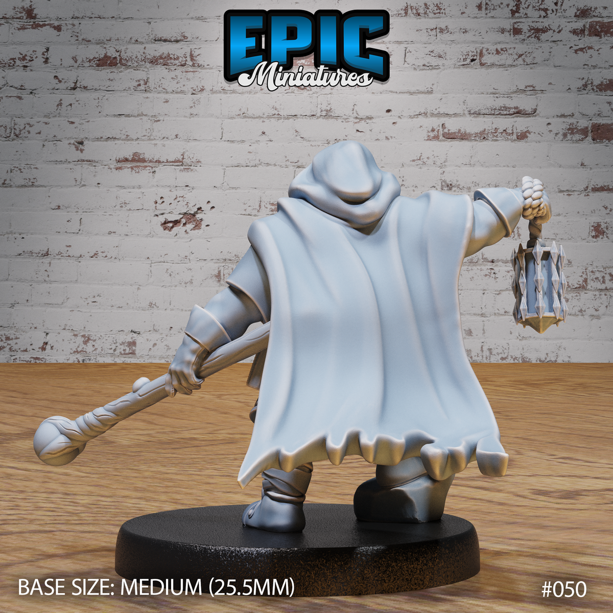 Bearded dwarf miniature seen from behind, hooded cloak billowing with ragged hem, one arm raised holding a faceted lantern, opposite hand gripping a twisted staff low to the ground. Heavy layered cloth folds across the back. Sculpt by Epic Miniatures.
