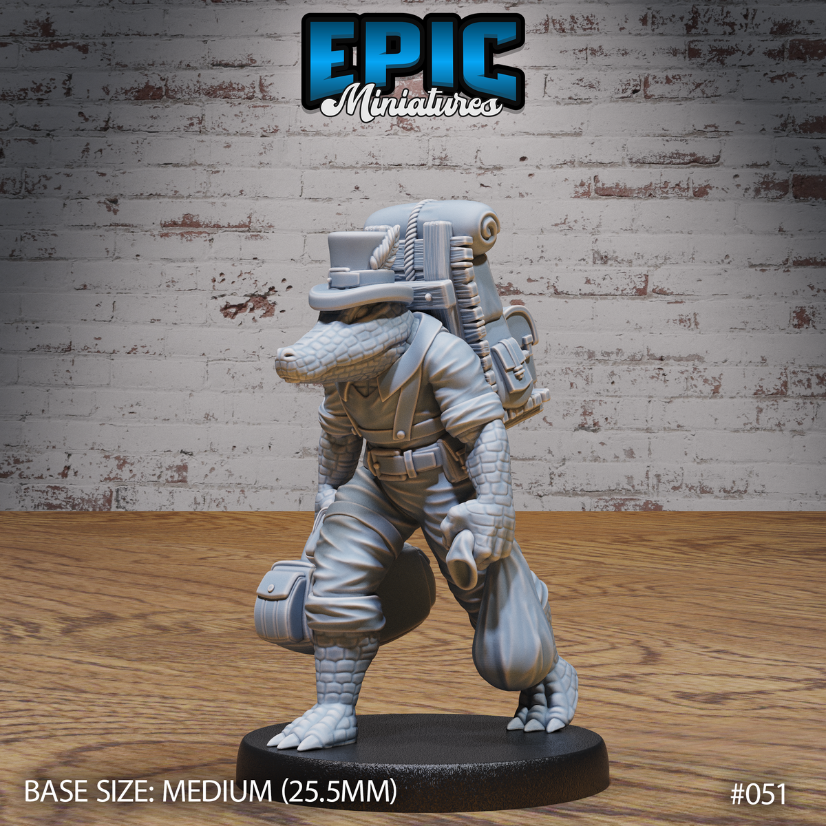 Bipedal alligator-folk miniature mid-stride, wearing a buttoned jacket, flat-topped hat, and cargo trousers, clutching a bulging sack in one hand with a large multi-component mechanical backpack. By Epic Miniatures.