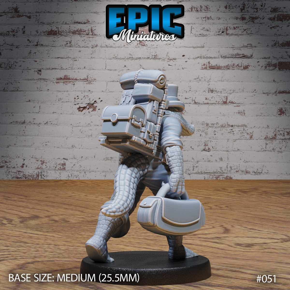 Alligator-folk traveler miniature seen from behind, showing a towering backpack stacked with canisters, pipes, a small trunk, and coiled rope, with exposed scale-textured legs and a satchel at the side. By Epic Miniatures.