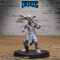 Shirtless goblin barbarian facing forward, wide-legged stance, single-bladed axe rested on one shoulder, clenched fist at side, snarling expression, wide pointed ears, studded belt, baggy trousers with ankle wrappings. Sculpt by Epic Miniatures.
