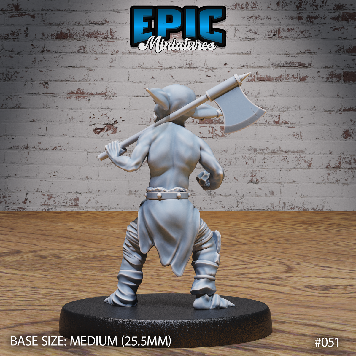 Shirtless goblin barbarian seen from behind, axe raised over the shoulder with both hands gripping the shaft, broad muscular back, baggy trousers and ankle wrappings visible, wide pointed ears prominent. Sculpt by Epic Miniatures.