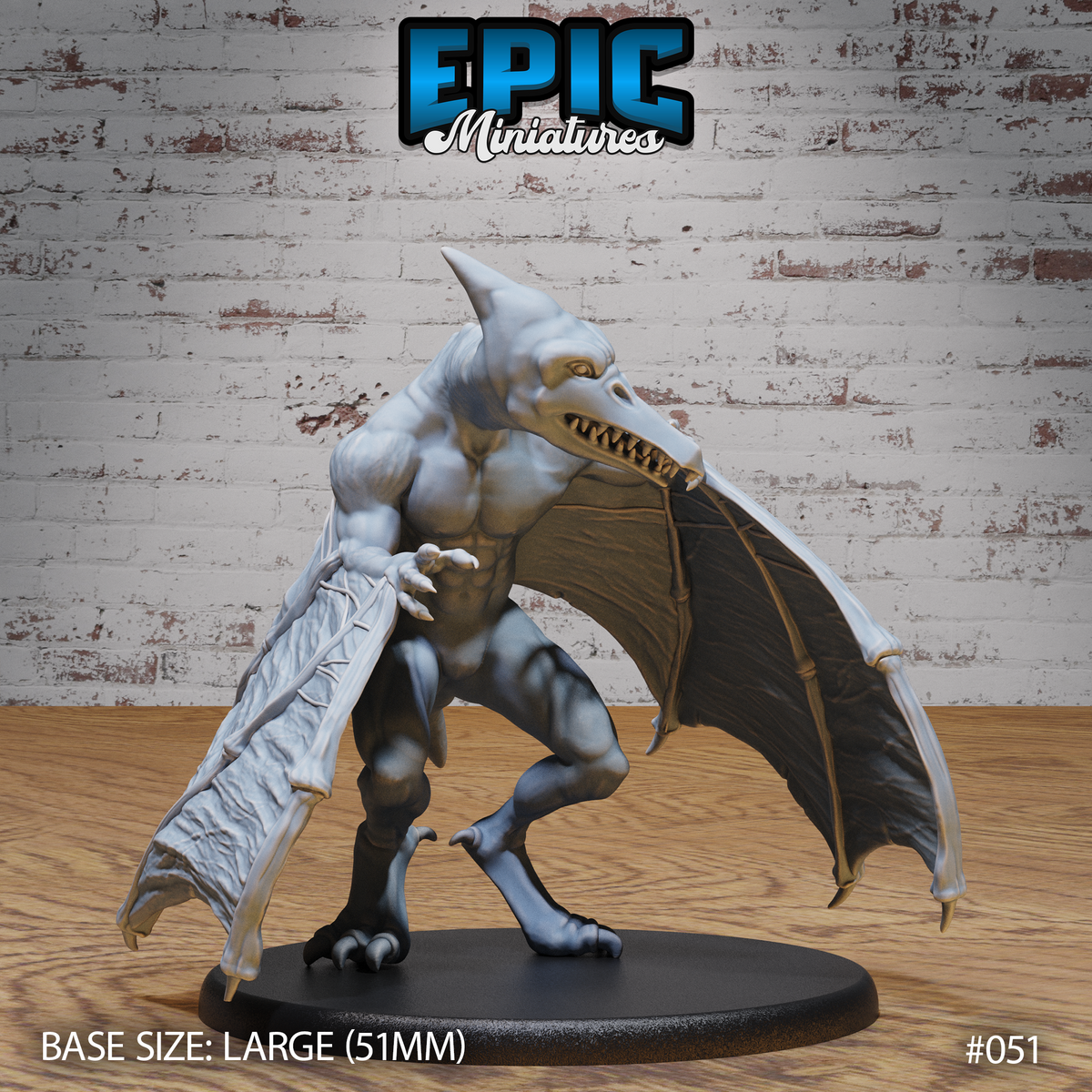 Pterafolk miniature by Epic Miniatures — winged reptilian biped crouching forward, jaws wide open with interlocking teeth, broad bat-like wings spread outward, heavy clawed hands reaching forward, on a large oval base.