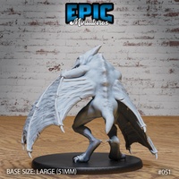 Pterafolk miniature by Epic Miniatures — viewed from behind, large bat-like wings fully extended showing detailed vein and membrane texture, muscular back and haunches visible, clawed feet gripping the oval base.