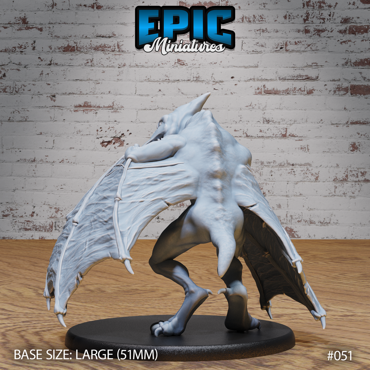 Pterafolk miniature by Epic Miniatures — viewed from behind, large bat-like wings fully extended showing detailed vein and membrane texture, muscular back and haunches visible, clawed feet gripping the oval base.