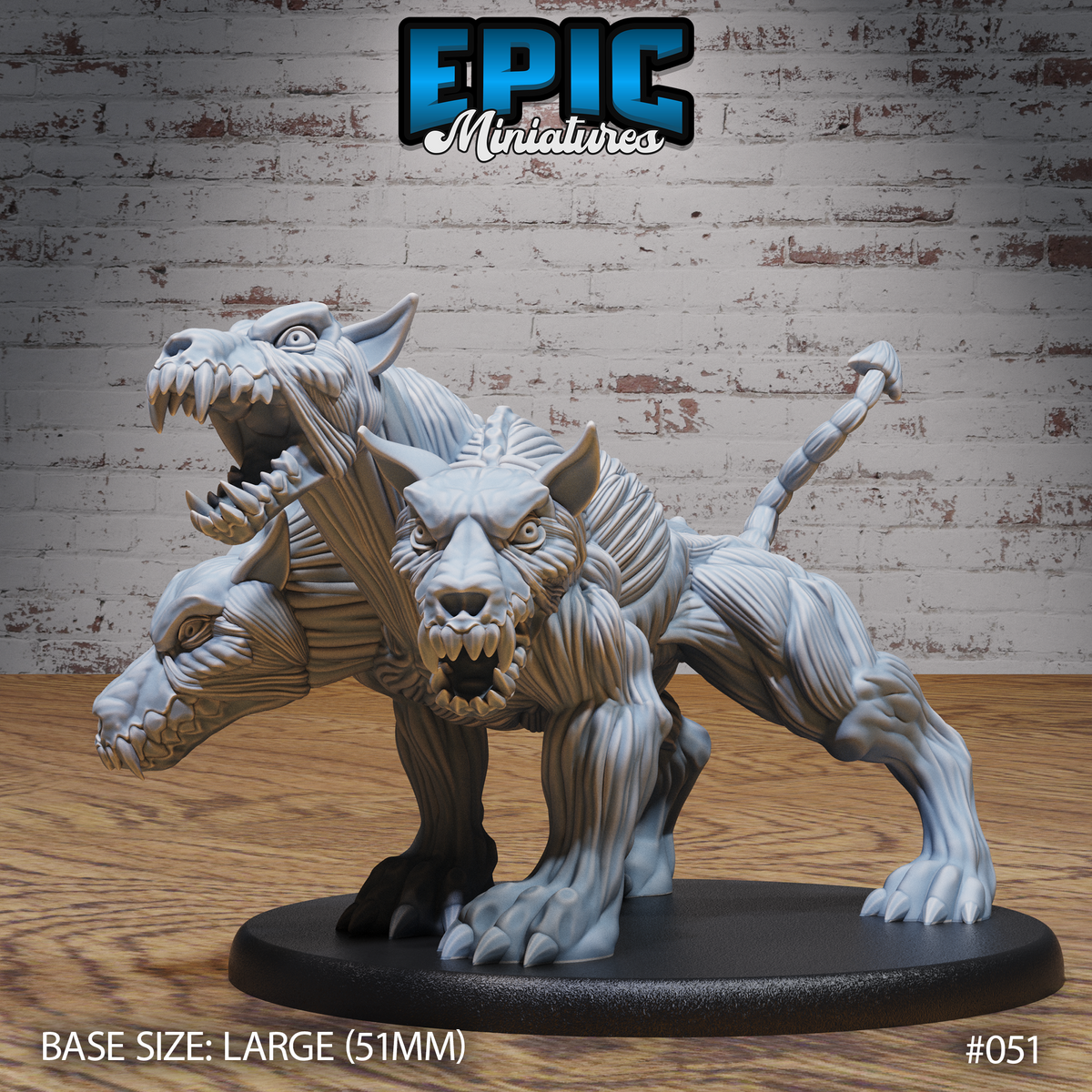 Three-headed Skinned Cerberus miniature in a wide crouching stance, three snarling wolf-like heads visible — one skull-faced, one low and lunging, one fanged and forward. Segmented tail raised. Epic Miniatures.