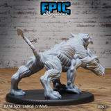 Skinned Cerberus miniature seen from behind, showing exposed corded musculature across haunches and spine, segmented scorpion-like tail arching overhead, clawed hind legs braced wide. Epic Miniatures.