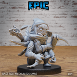 Spider Folk Assassin crouching low, hooded robes mid-billow, extending a serrated claw-weapon forward while gripping a curved fang-dagger. Single fleshy textured orb face visible beneath deep cowl. Sculpt by Epic Miniatures.