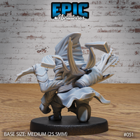 Spider Folk Assassin seen from behind, deep hood raised to a point, robes swept dramatically outward at the base, paired curved shoulder blades and layered fabric detailing visible across the back. Sculpt by Epic Miniatures.