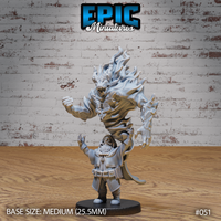 Stocky dwarf in layered robes and buckled belt, both fists raised, with a vast snarling spirit entity erupting above him — clawed hands, sweeping flame-like forms and a roaring face. Sculpt by Epic Miniatures.