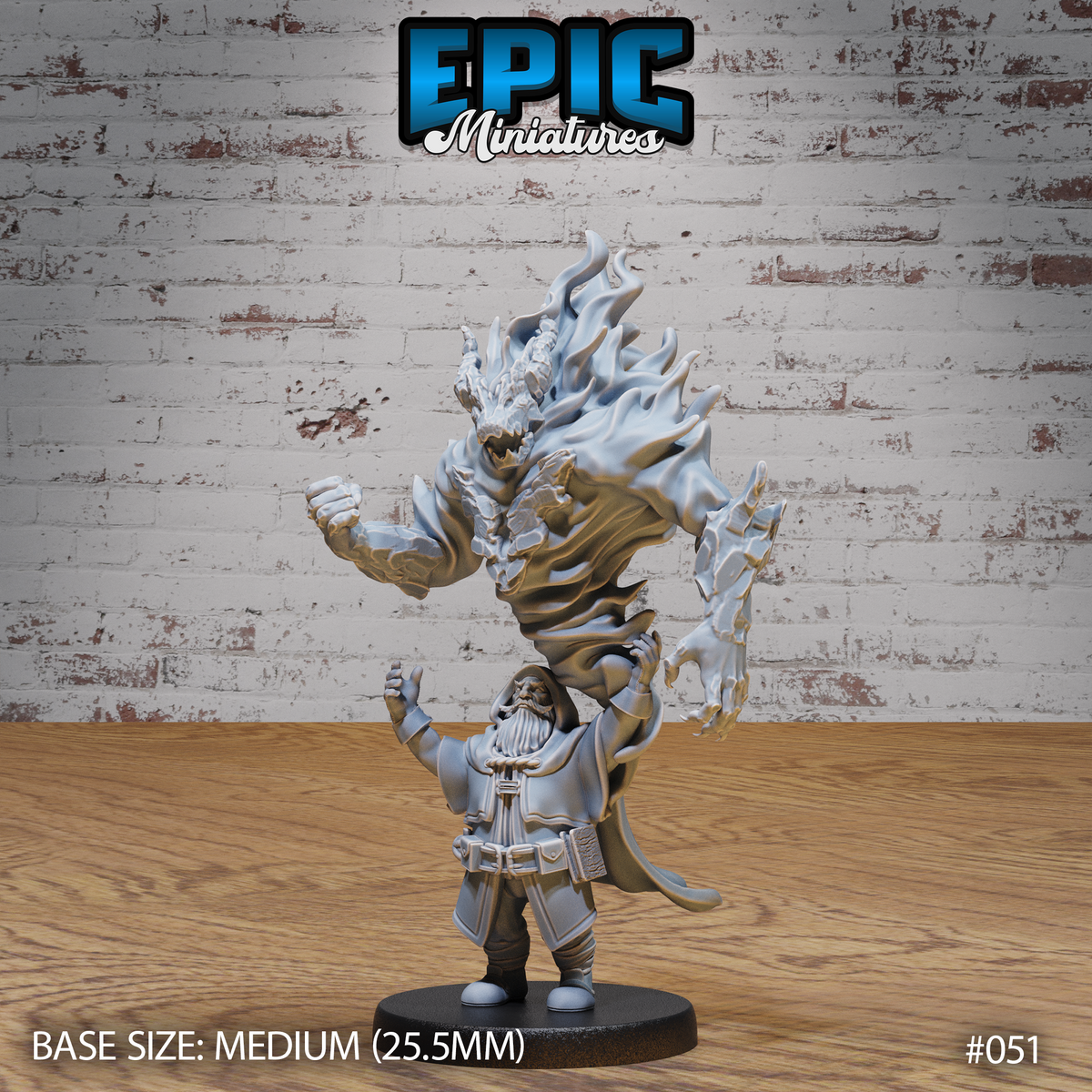 Stocky dwarf in layered robes and buckled belt, both fists raised, with a vast snarling spirit entity erupting above him — clawed hands, sweeping flame-like forms and a roaring face. Sculpt by Epic Miniatures.