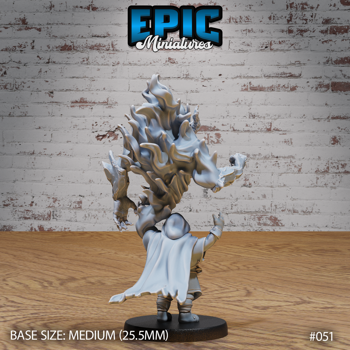 Dwarf caster viewed from behind, arms raised, with an enormous summoned spirit looming overhead — broad shoulders, cascading spectral energy, crystalline protrusions and a roaring face visible. Sculpt by Epic Miniatures.