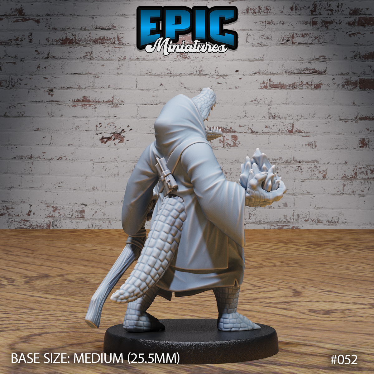 Alligator-headed robed spellcaster seen from behind, powerful scaled tail prominent, one clawed hand raised with splayed fingers as if channelling energy, dagger sheathed at the back. Sculpt by Epic Miniatures.