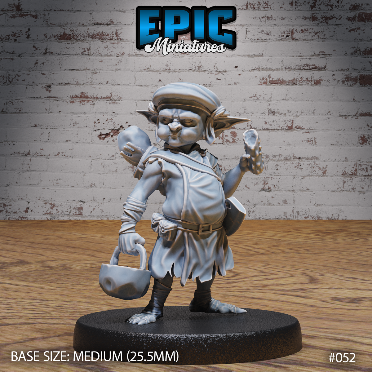 Portly goblin chef miniature facing forward, wearing a flat cap and belted tunic, holding a small cauldron in one hand and a gemstone aloft in the other. Sculpt by Epic Miniatures.