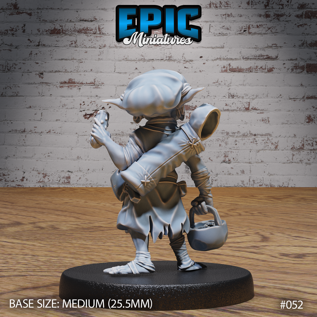 Goblin chef miniature seen from behind, revealing a satchel across the back, baggy tunic, and wrapped lower legs, one hand raised holding a small object. Sculpt by Epic Miniatures.