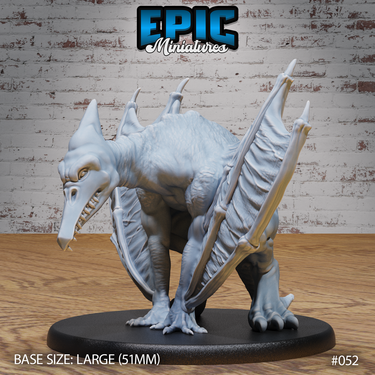 Pterafolk miniature by Epic Miniatures — crouching posture, jaws wide open revealing jagged teeth, ribbed wings half-spread, muscular body with leathery skin texture, large oval base.