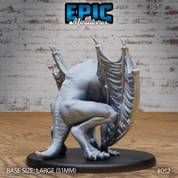 Pterafolk miniature by Epic Miniatures viewed from behind — wing membranes stretched between bony struts, ridge-spined back, taloned feet gripping base, tail visible, crouching stance.