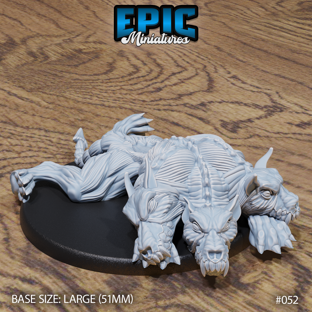 Flayed three-headed cerberus miniature lying prone, all three horned heads resting low on the ground, teeth parted, with exposed musculature and ribcage detail. Large oval base. Epic Miniatures sculpt.