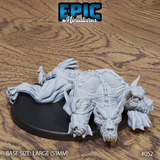 Flayed three-headed cerberus miniature lying prone, all three horned heads resting low on the ground, teeth parted, with exposed musculature and ribcage detail. Large oval base. Epic Miniatures sculpt.