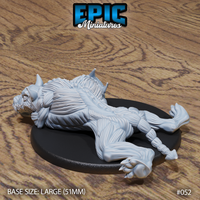 Skinned cerberus miniature viewed from behind, showing barbed segmented tail, splayed rear claws, and layered sinew across haunches and shoulders. Fully prone pose on large oval base. Epic Miniatures sculpt.