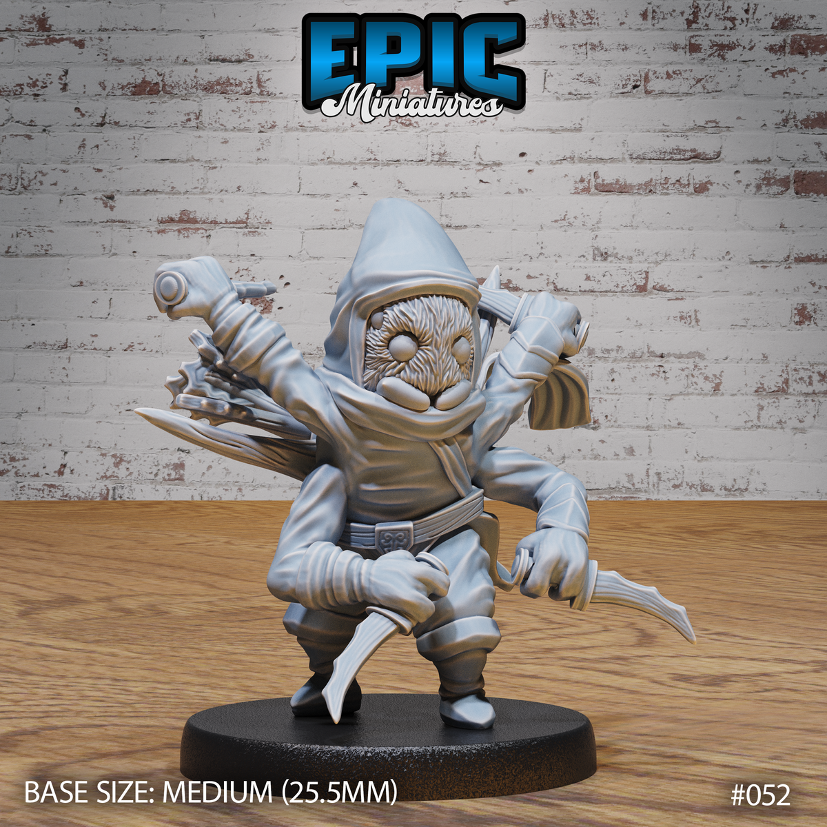 Hooded spider folk assassin leaning forward aggressively, clawed hands gripping multiple daggers, fur-covered round face visible beneath deep cowl, bandaged forearms, robes and sash, plain round base. Sculpt by Epic Miniatures.