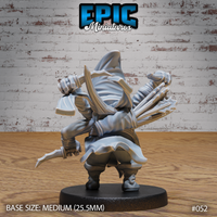 Spider folk assassin seen from behind, deep cowl raised, bundle of arrows or blades fanned across one arm, robes billowing with motion, hatchet gripped in raised hand, plain round base. Sculpt by Epic Miniatures.