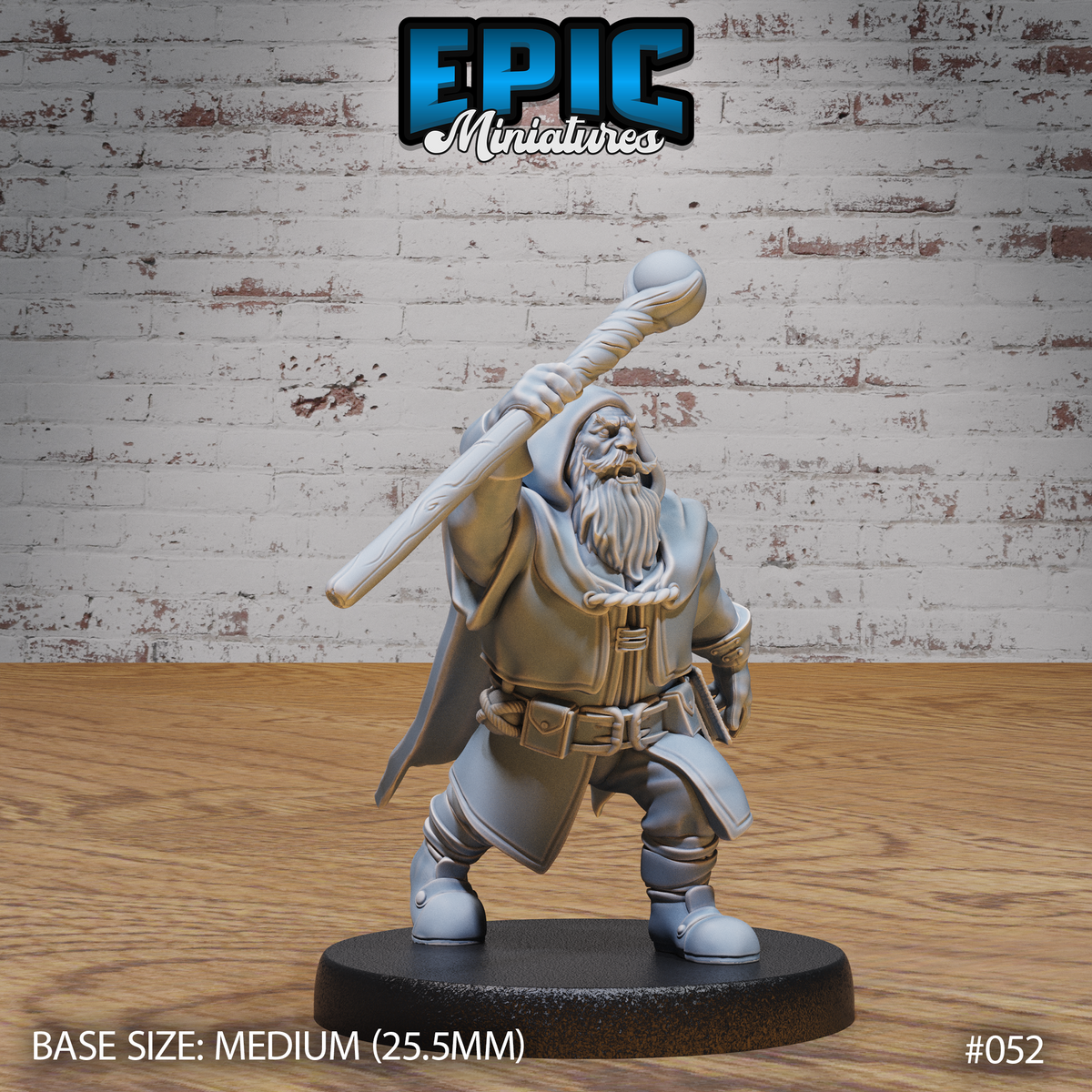 Stout bearded dwarf raising a thick knobbly staff overhead in both hands, mouth open mid-chant, wearing layered robes with a rope belt and pouched leather utility belt. Sculpt by Epic Miniatures.