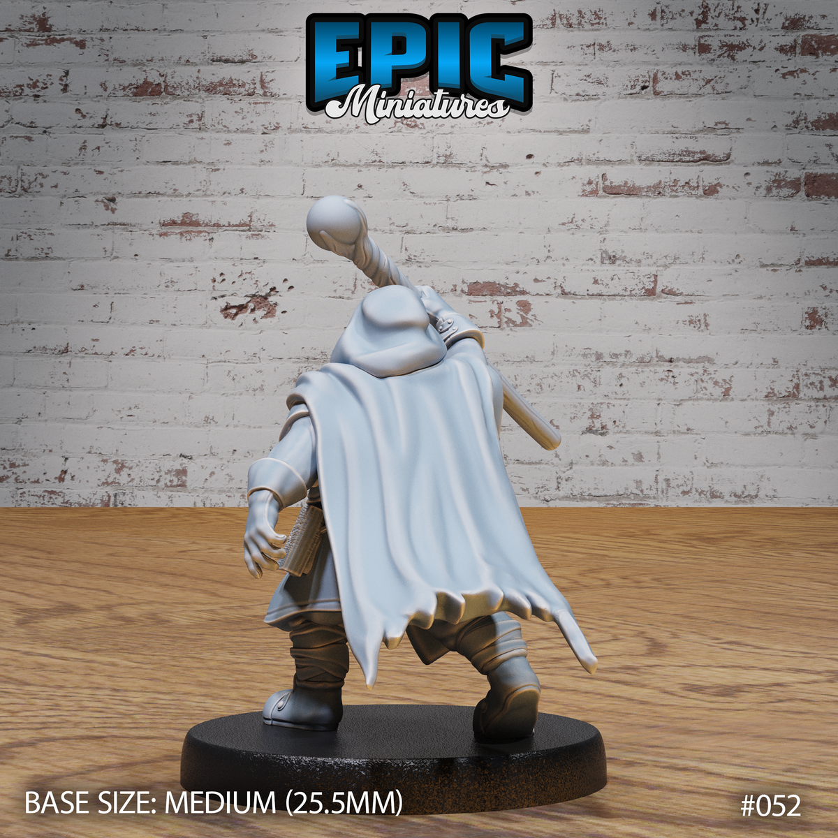 Dwarf summoner seen from behind, long flowing cape spreading wide, staff raised overhead, utility items visible on belt, dynamic striding pose with cape swept dramatically to one side. Sculpt by Epic Miniatures.