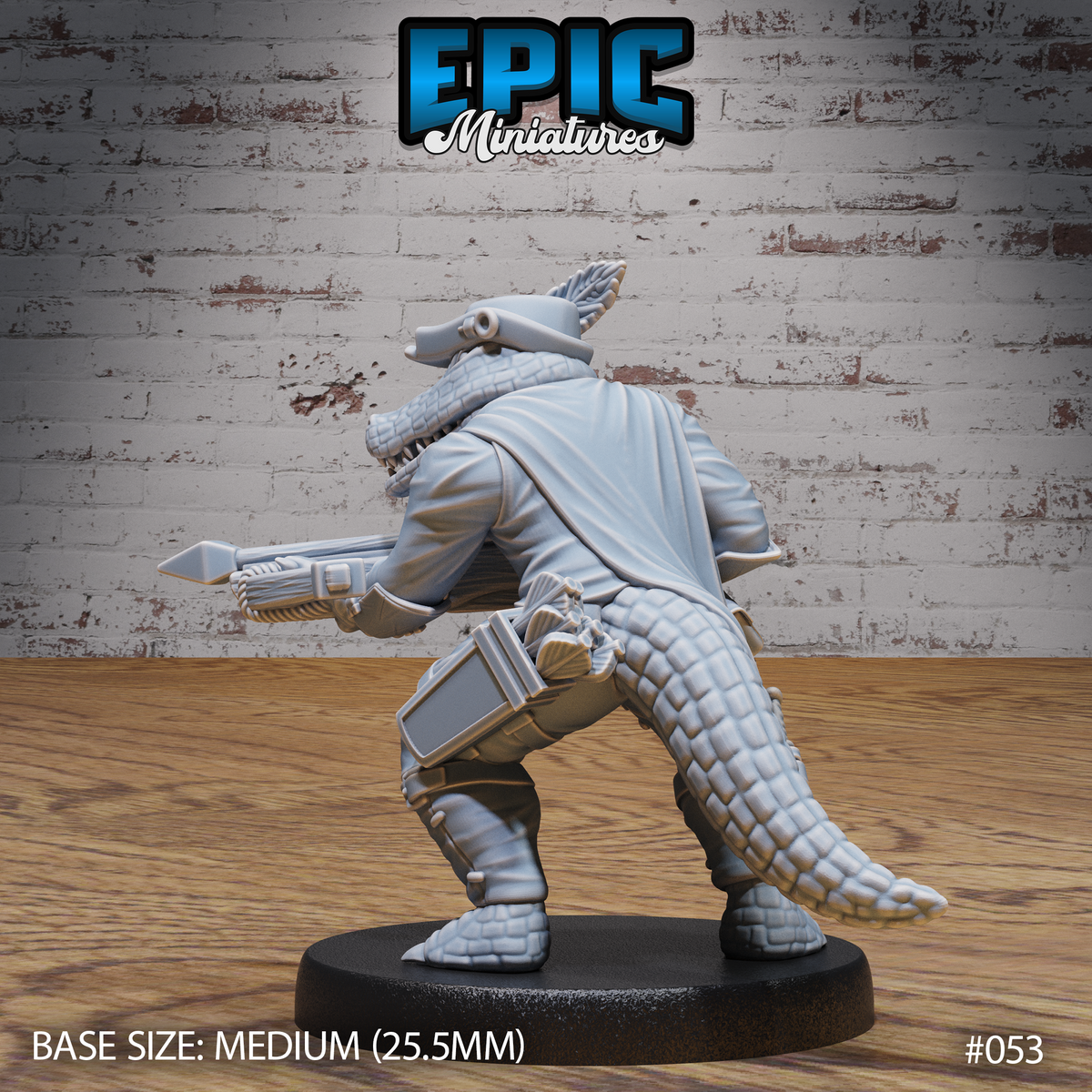 Alligator-folk warrior seen from behind, scaled tail sweeping outward, long coat billowing, satchel at hip, textured reptilian hide covering legs and tail. Sculpt by Epic Miniatures.