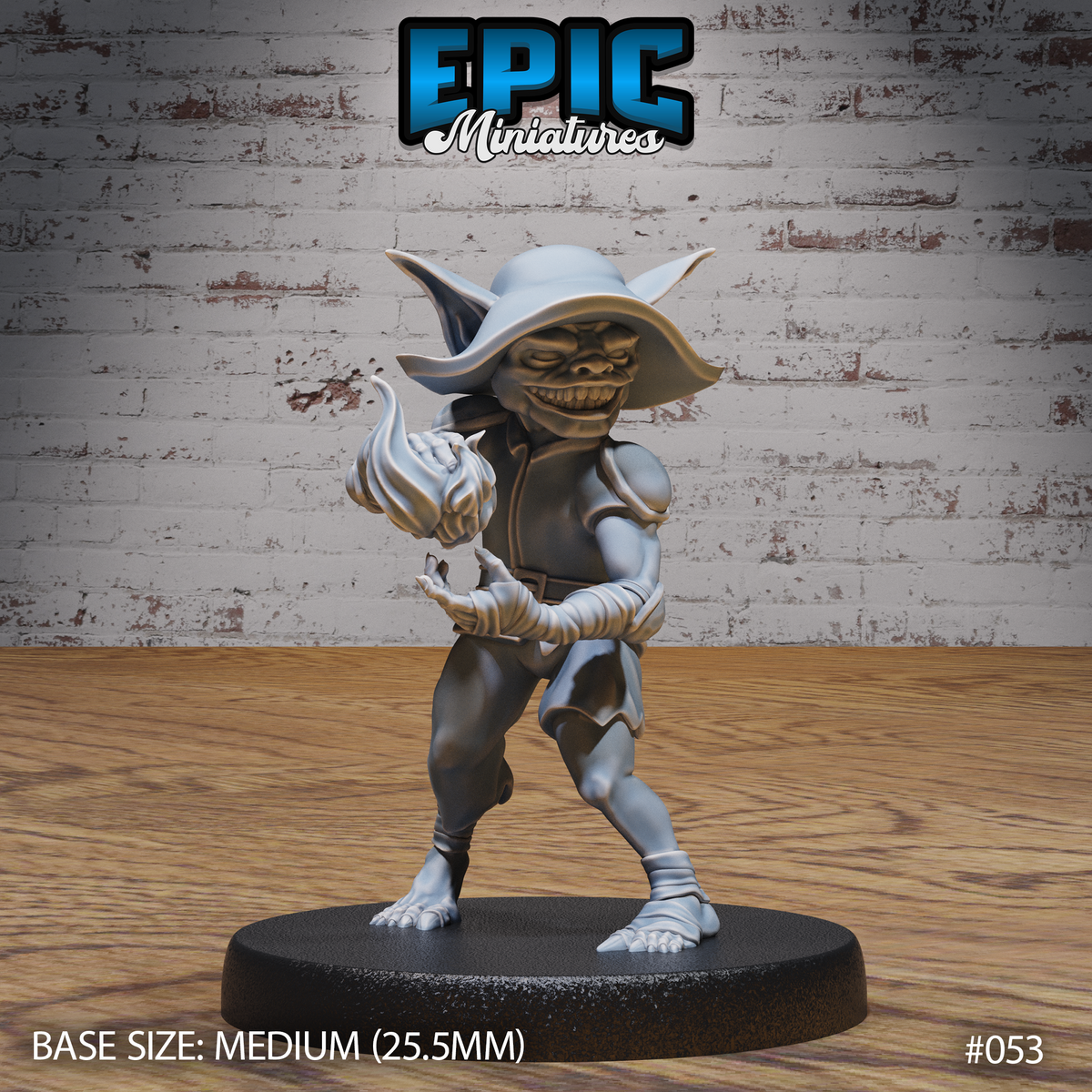 Grinning goblin sorcerer in a wide-brimmed hat, one clawed hand raised with swirling magical energy, wearing a shoulder pad and wrapped forearms, smugly posed. By Epic Miniatures.